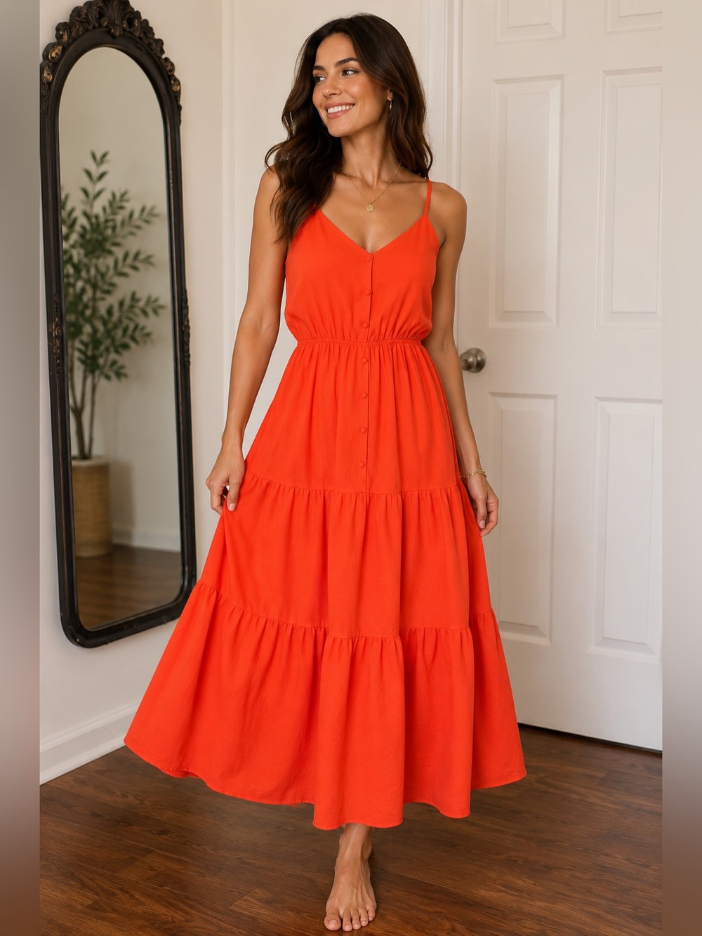 THML NWT Bright Coral Tiered Sundress Boho Resort Midi Dress Small